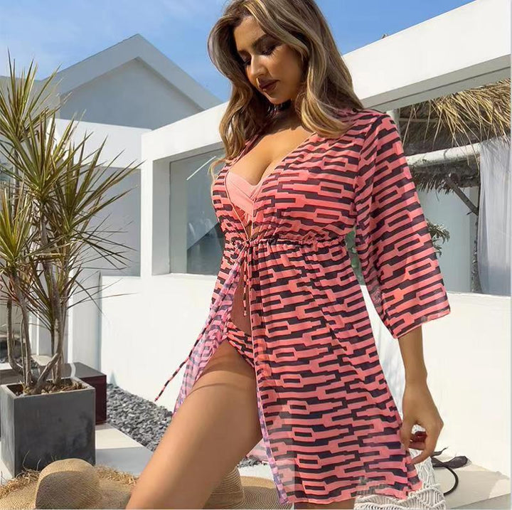 Dame gennemsigtig strandkimono med raffineret bindebånd og moderigtigt mønster Stilla