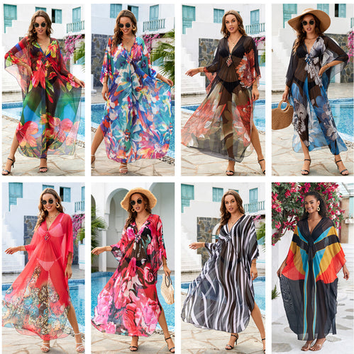 Dame elegant strandovertræk med kunstneriske sommerfuglemotiver Stilla