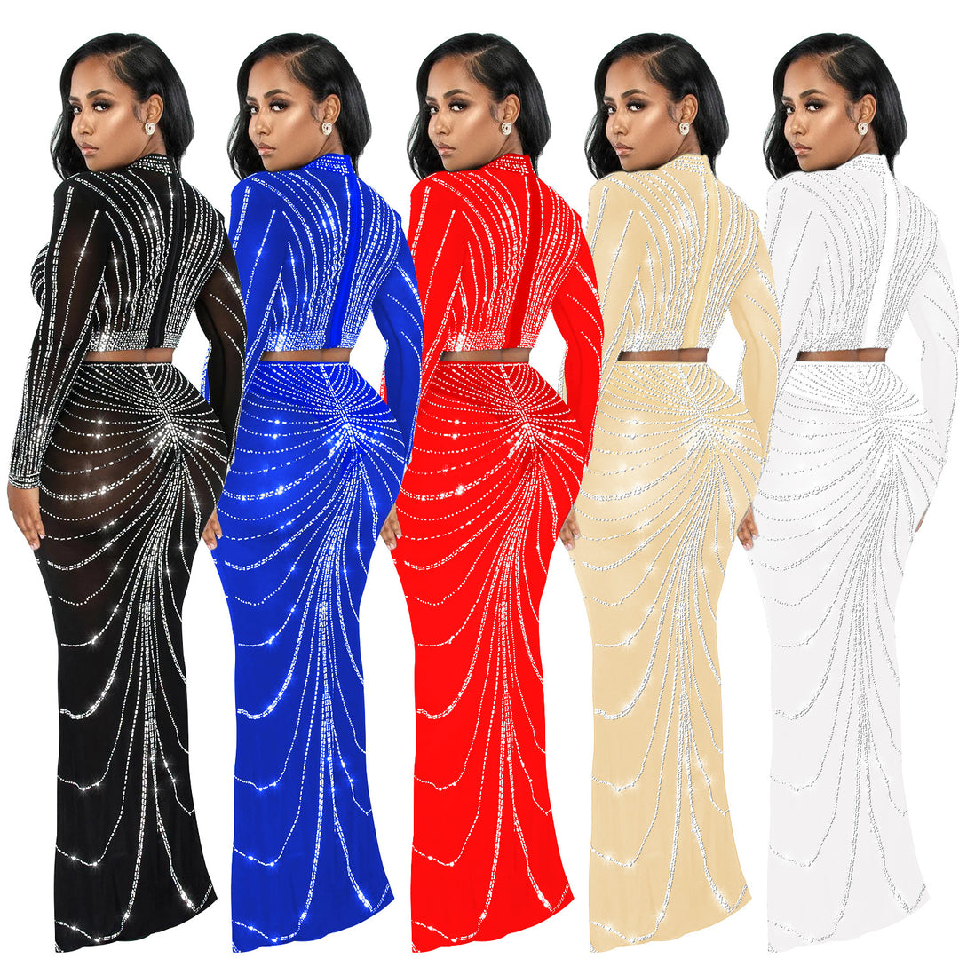 Dame Elegant Crop-Top og Maxi-Nederdel Sæt med glitrende Strass-dekorationer Stilla