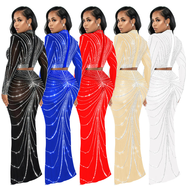 Dame Elegant Crop-Top og Maxi-Nederdel Sæt med glitrende Strass-dekorationer Stilla