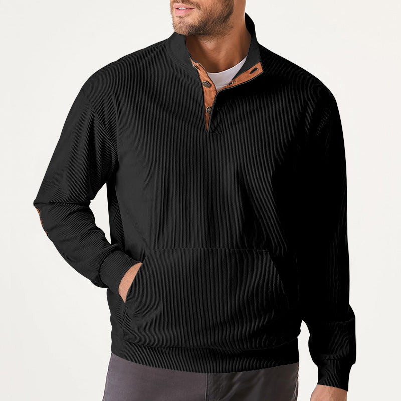 Herrer nan ribbet rullekrave sweater med knaplukning, kengurulomme og ruskindsalbuepatche Skovae