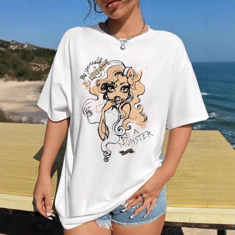 Dame T-shirt med kunstnerisk skeletmotiv og unikt tryk Skovae