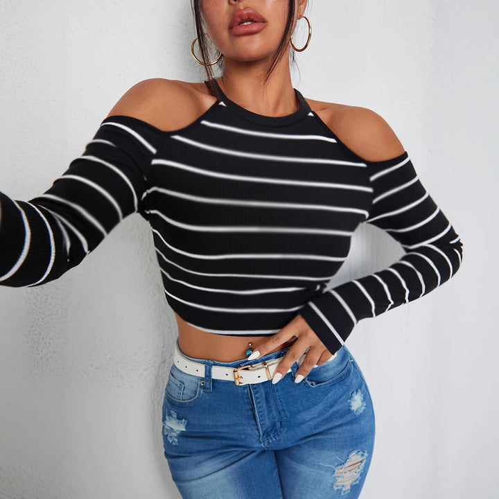 Dame Fashionabel top med off-shoulder design og stribemønster Stilla