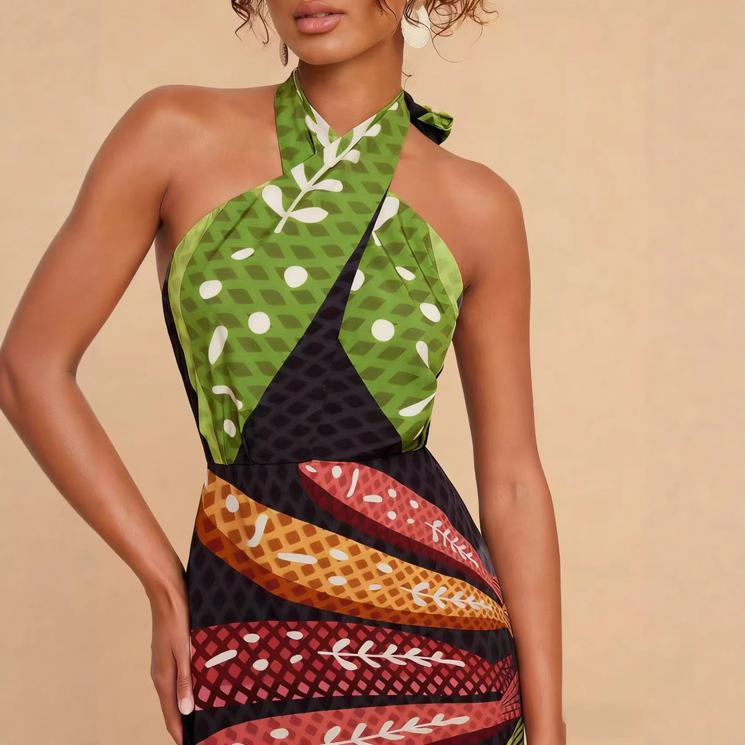 Dame Halterneck Maxi Kjole med Farverig Bladdesign og Flared Snit