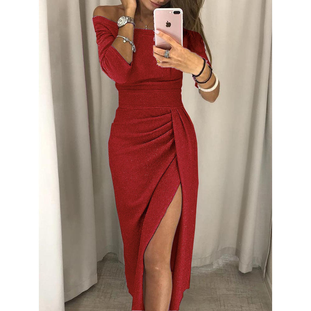 Dame Glinsende Off-Shoulder Aftenkjole med Høj Slids og Drapering Stiila