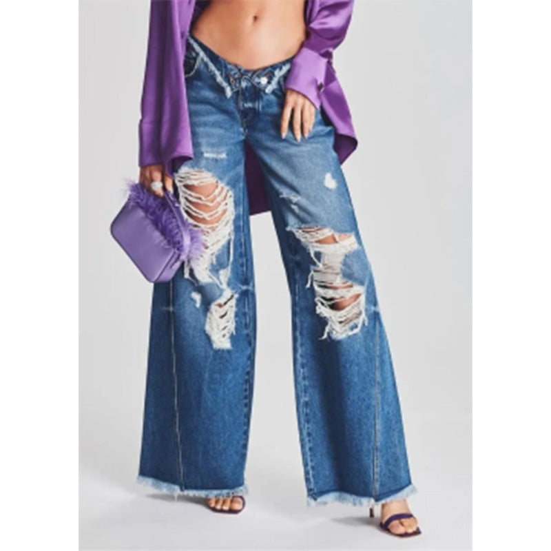 Dame Destroyed Wide-Leg Jeans med høj talje og iøjnefaldende Ripped-detaljer Stilla
