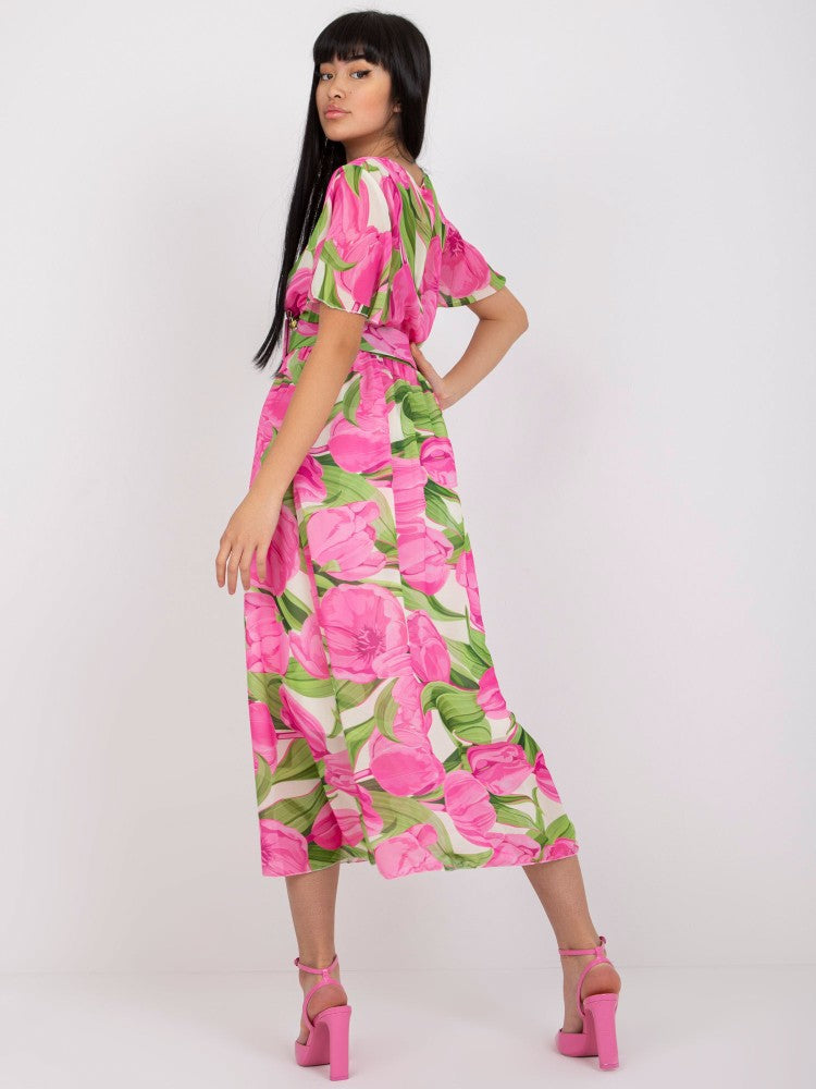 Dame Floralprint Midi Kjole med Bælte Talje Stilla