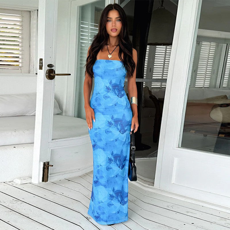 Dame Elegant Bandeau-Maxi-Kjole med blomstret design Skovae