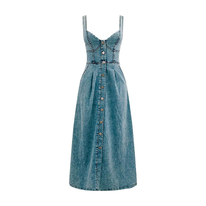 Dame jeans-midi kjole med figursyet snit og knapliste Stilla