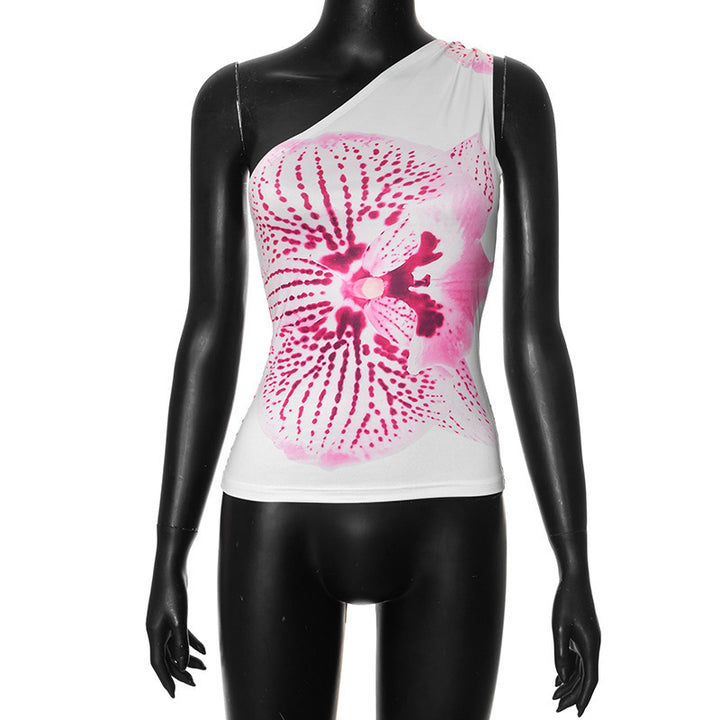 Dame asymmetrisk top med blomstertryk Skovae