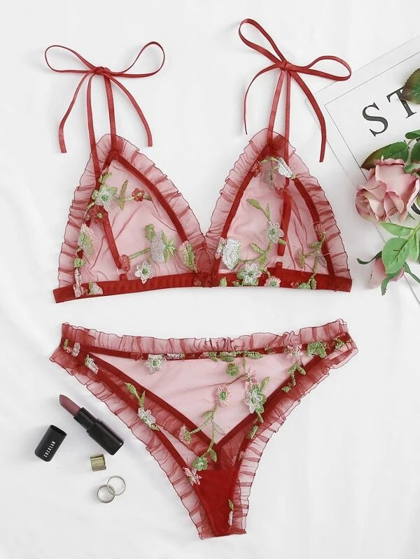 Dame broderet chiffon bralette og bikini sæt Stilla
