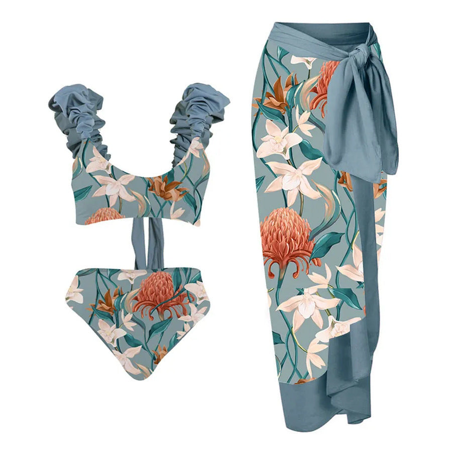 Dame Bikini-sæt med blomsterwrap og fashionable flæsedetaljer Stilla