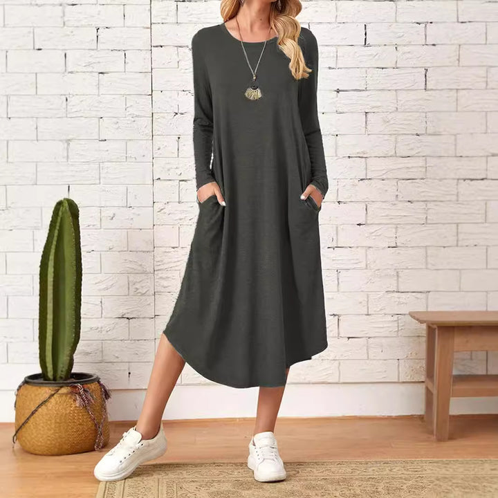 Dame elegant Langærmet-kjole med asymmetrisk kant og komfortabel pasform Stilla
