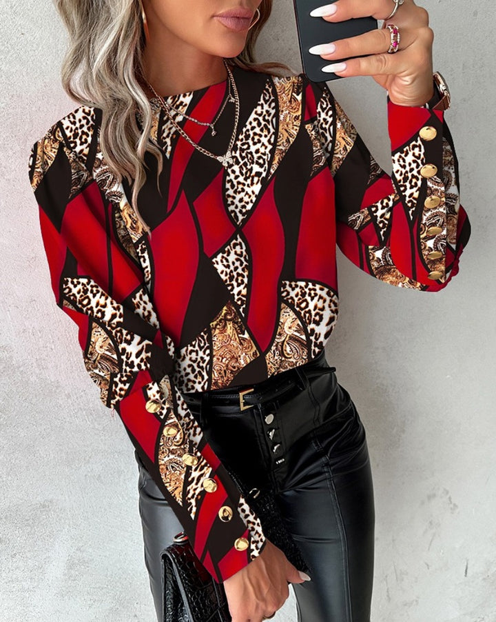 Dame Mode Bluse med unikt mønster og gyldne knapper Stilla