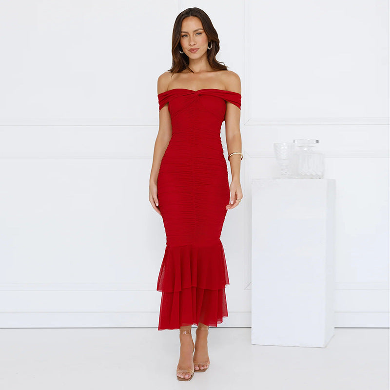 Damer Off-Shoulder Rynk Maxi Kjole med Flæsekant Stilla