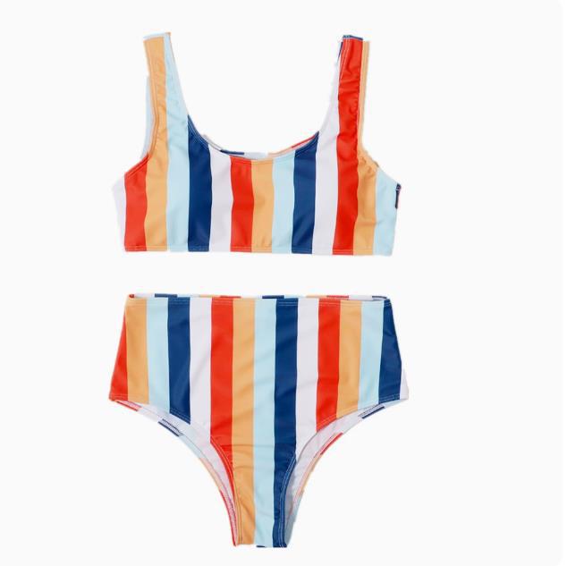 Dame Højtaljet Stribet Bikini-Sæt Stilla1750243874