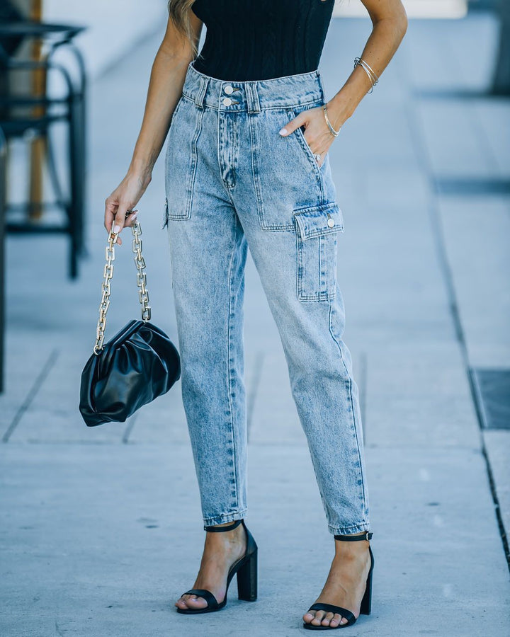 Dame cargo-jeans i vintage-stil med høj talje og praktiske sidelommer Stilla