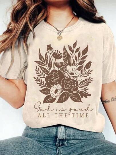 Dame T-shirt med floralt motiv og inspirerende tekst Stilla