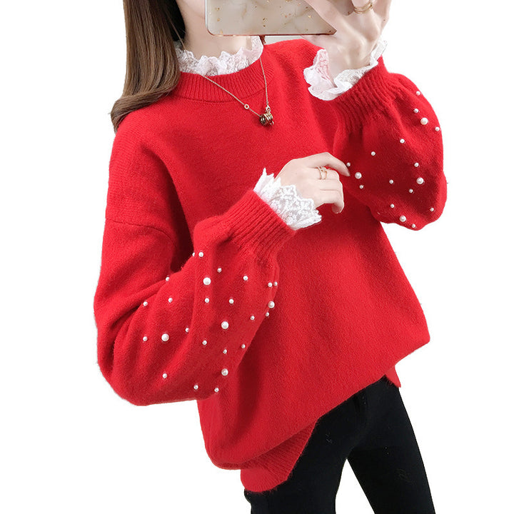 Dame trendy strikpullover med perledetaljer og voluminøse ærmer Stilla