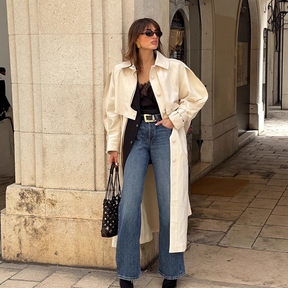 Dame Lang Trenchcoat med bred krave og taljerbar bælte Stilla