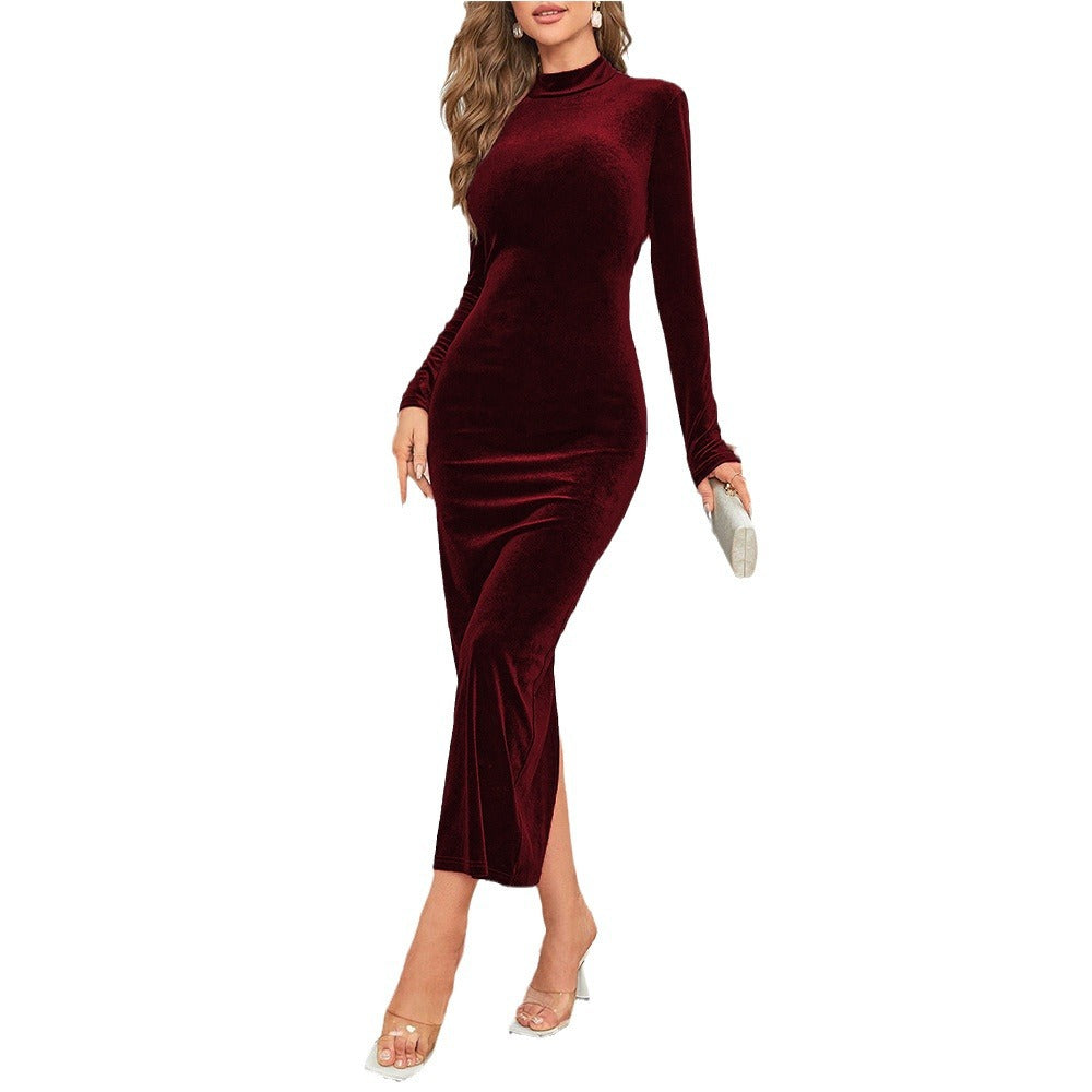 Dame Elegant Højkrave-Velour-Maxi-Kjole Stilla