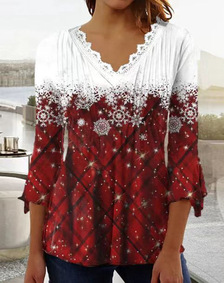 Dame Blusenshirt med elegant blondehals og festligt ternet mønster Stilla