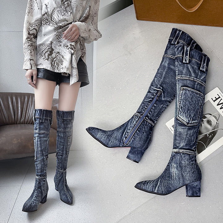 Dame Overknee-støvler i denim-look med robust blokhæl og moderne lommeapplikation Stilla