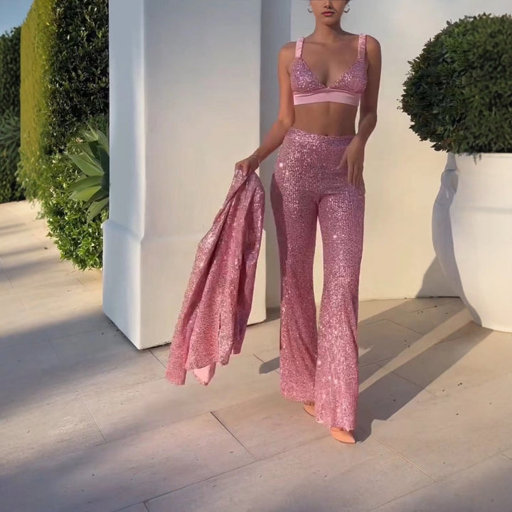 Kvinders to-delt glitrende jumpsuit sæt med elegant blazer og tætsiddende top