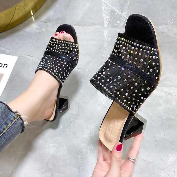 Dame Glamourøse Pantolette med glitrende strassdetaljer og elegant blokhæl Stilla