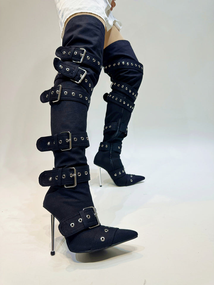 Femme Over-knæet Spænde-Detalje Stiletto Støvler Stilla