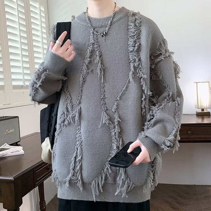 Dame hyggelig strikpullover med trendy frynser og unikke strikdetaljer Stilla