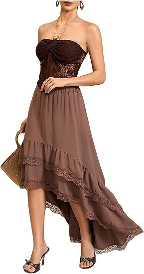 Dame Boho Maxi-nederdel med asymmetrisk kant og spids dekoration Skovae