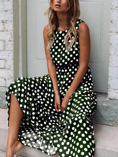 Dame Polka-Dot-Maxikjole med sidelukninger Stilla