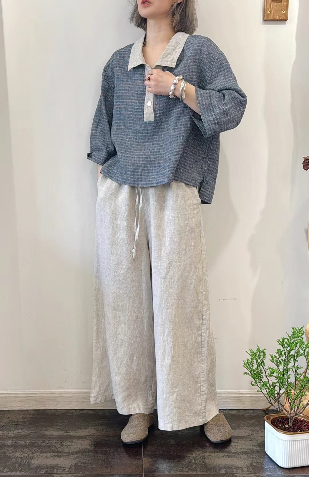Femme Overstørrelser Linned Button-Up Top og Bredbenet Bukser Sæt Stilla