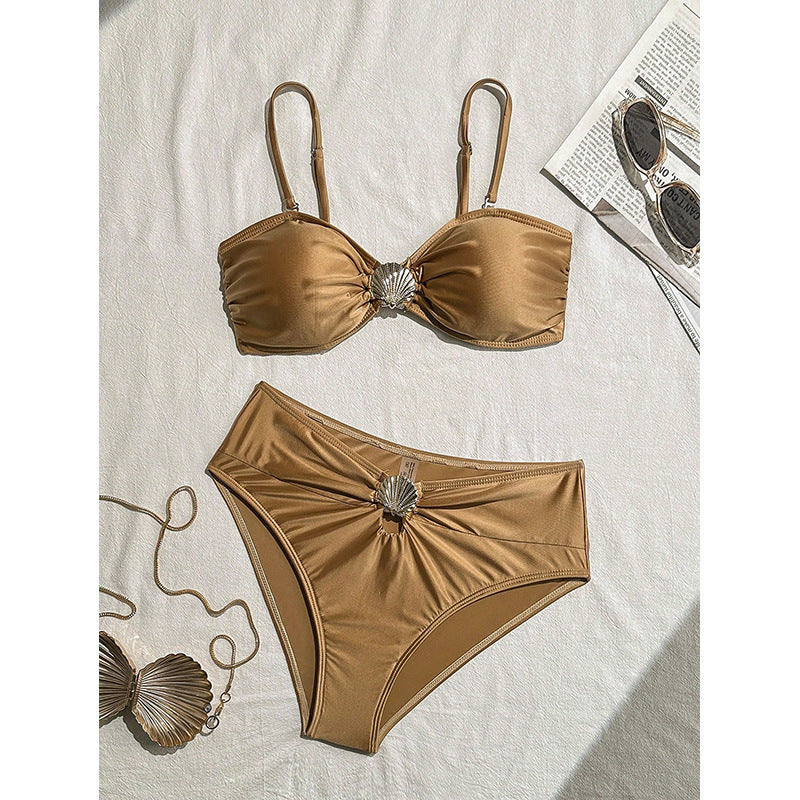Damer Elegant Bandeau-Bikini med glitrende muslingedetaljer Skovae