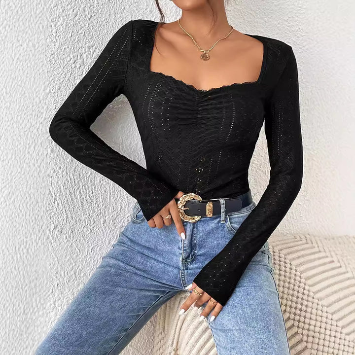 Kvinders langærmet bodysuit med firkantet udskæring og elegante flæser Stilla