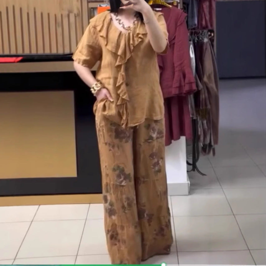 Dame let linned bluse med flæser og blomstrede palazzo bukser Stiila