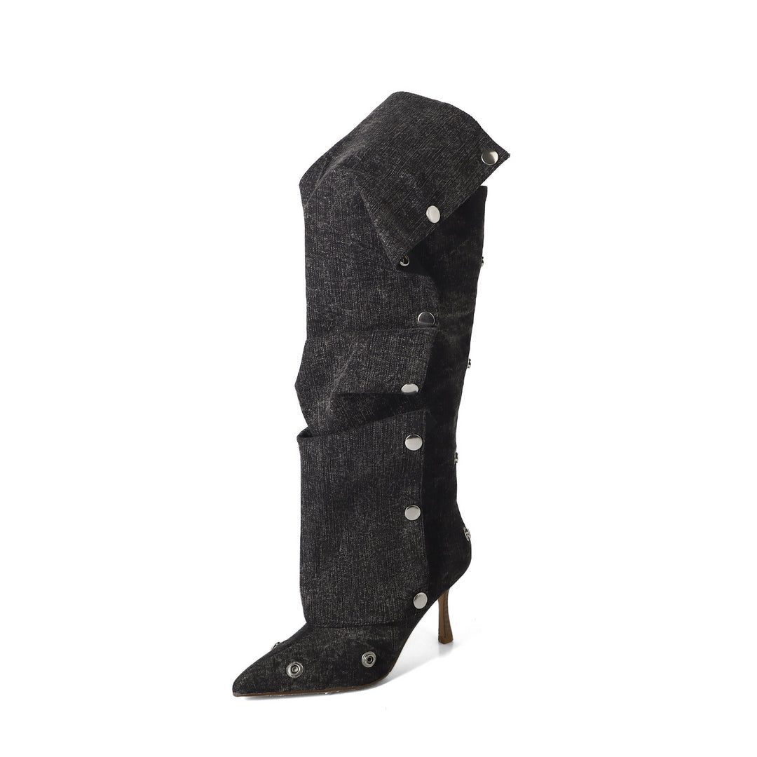 Femme Over-knæet Denim Stiletto Støvler med dekorativ knapdesign Stilla