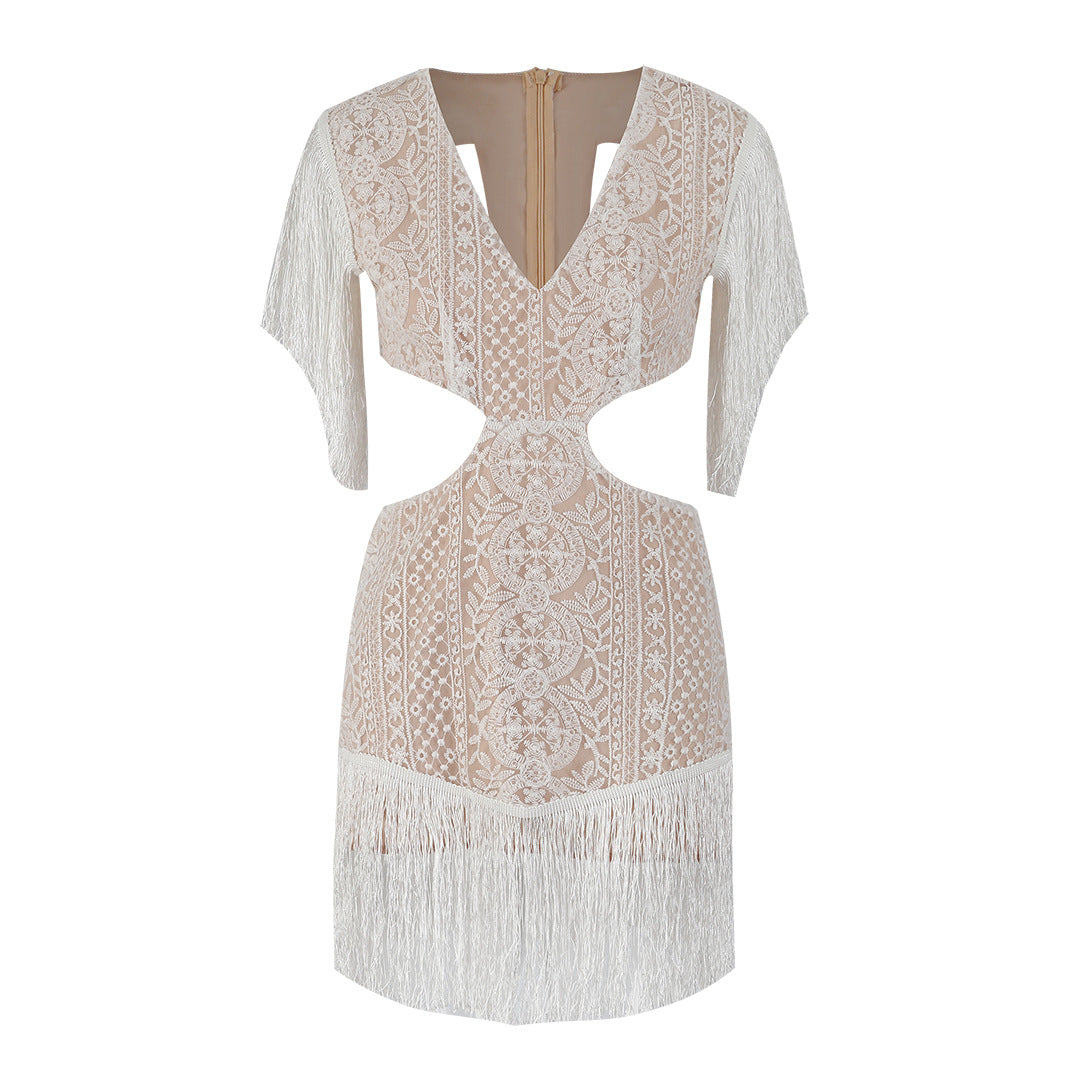 Dame Cut-Out Minikjole med fransedetaljer og elegant blonderdesign Stilla