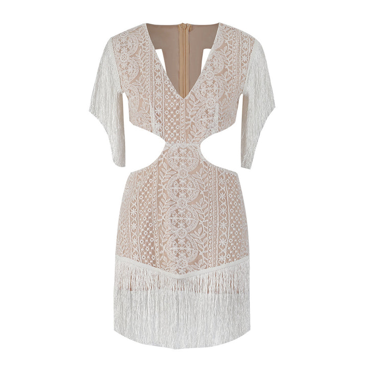 Dame Cut-Out Minikjole med fransedetaljer og elegant blonderdesign Stilla