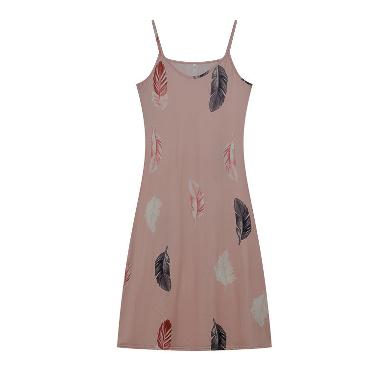 Dame Casual Slip Kjole med Bladtryk-Design Stilla