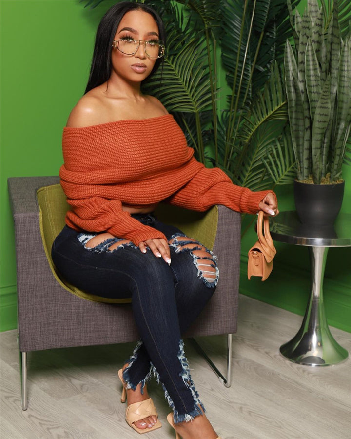 Dame Off-Shoulder Strikpullover med bred pasform og afslappet design Stilla