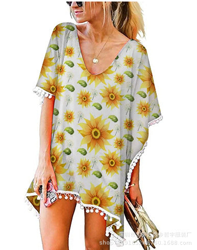 Kvinders strandtunika med blomsterdesign og poncho-stil Stilla