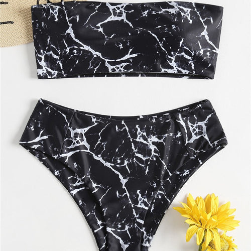 Dame bandeau-bikini med elegant marmor mønster Skovae