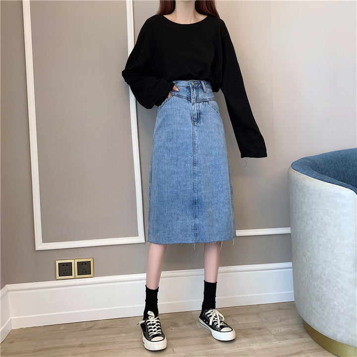 Dame Midi Denim Nederdel med Uregelmæssig Kant Stilla