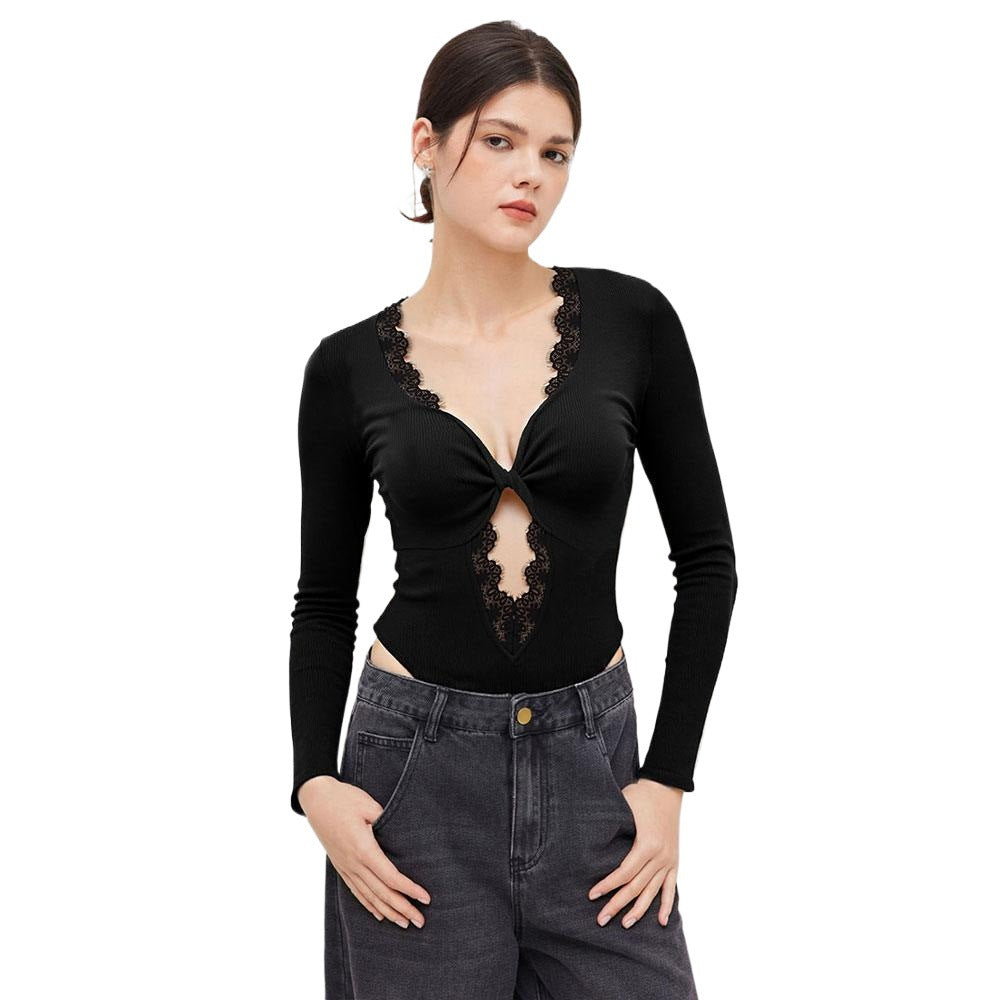 Kvinder bodystocking med dyb V-udskæring og delikat lace applikation Stilla