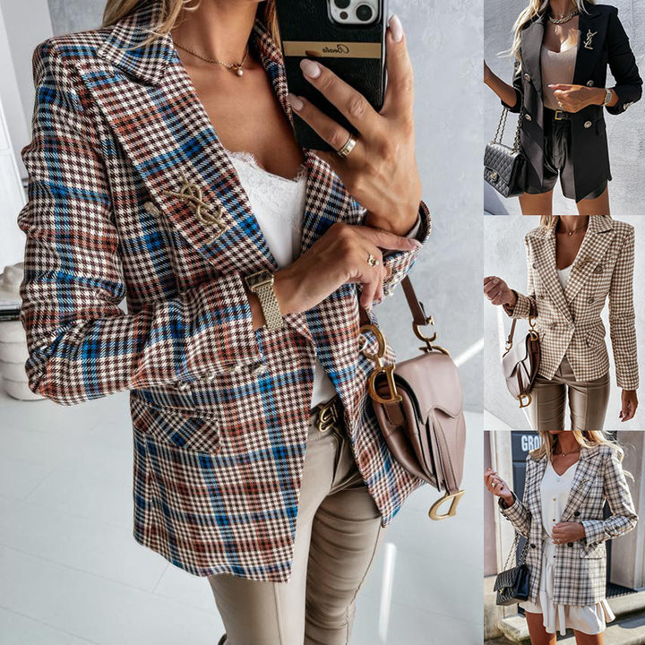 Dame Elegant Blazer med Dobbeltknaplukning og dekorativt Emblem Stilla
