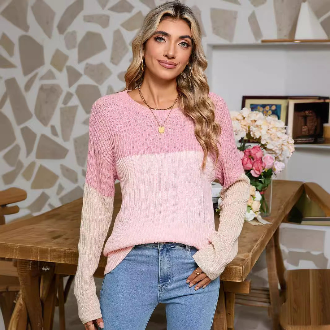 Dame strikket sweater i fashionable farveblok design Stilla
