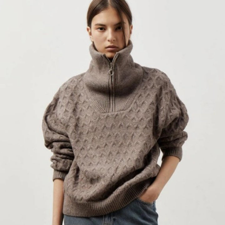 Kvinders mønstrede sweater med høj krave og lynlås Stilla