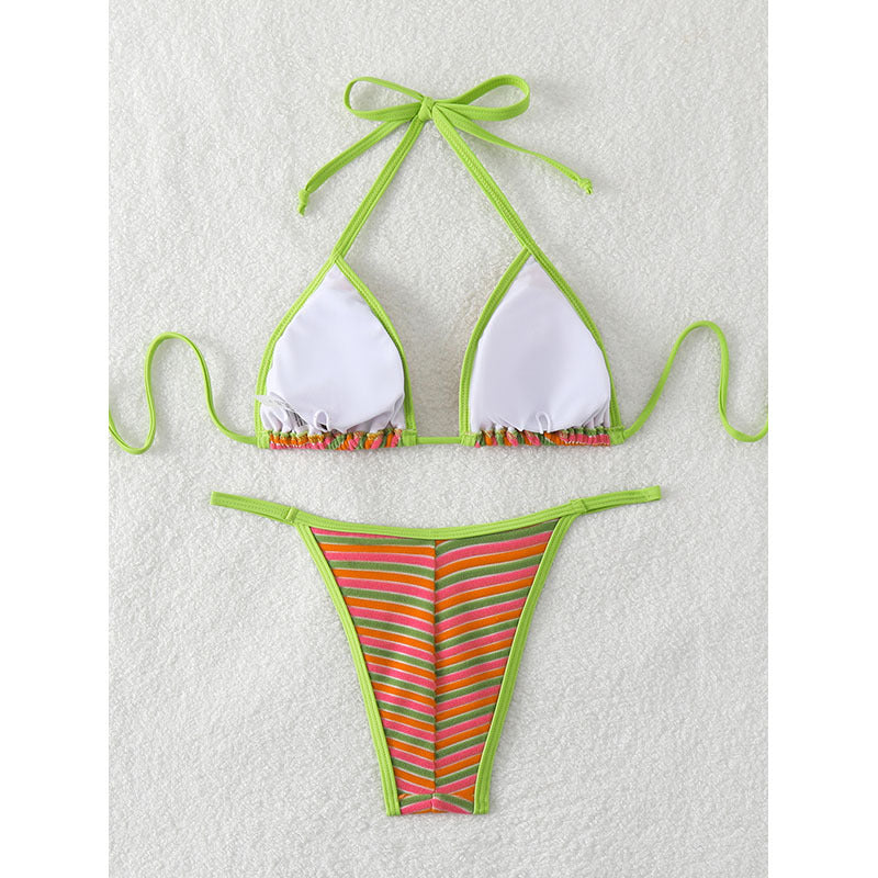 Dame Triangel-Bikini med trendy stribemønster og justerbare snorebånd Skovae